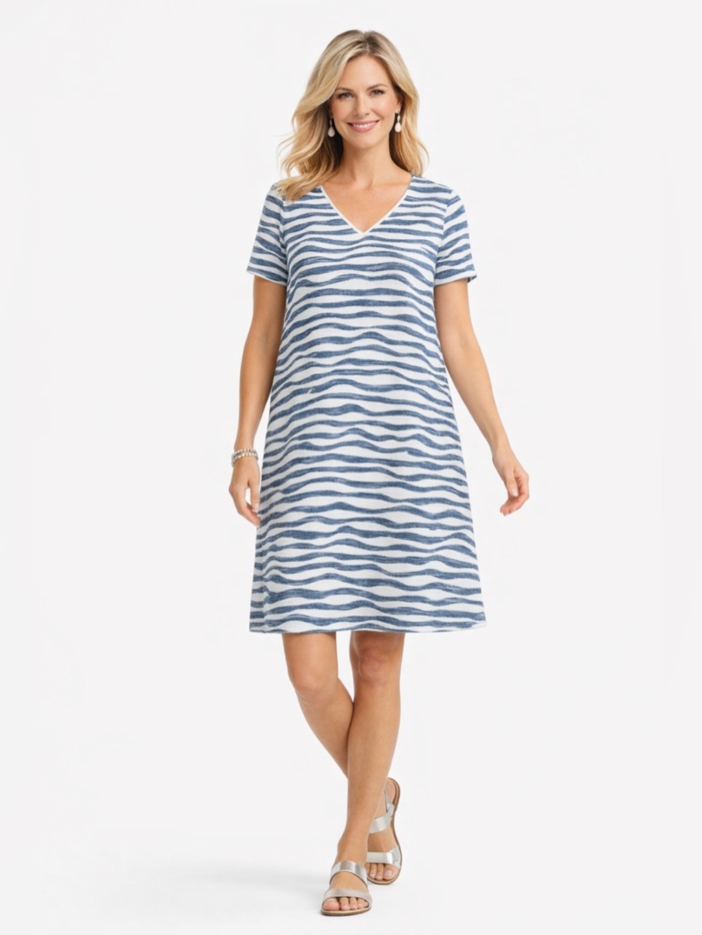 Chico’s Champagne Waves Dress Blue Stripe V-Neck Size 3 XL Textured Swing
